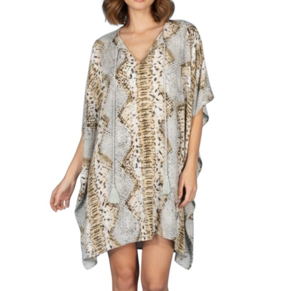 BUDDY LOVE Thin CREPE Blue/Tan SNAKE PRINT V-Neck MINI CAFTAN TUNIC DRESS Sz S/M